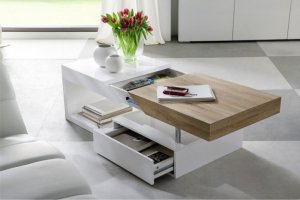 Designový konferenční stolek, bílý lesk / dub sonoma, MELIDA